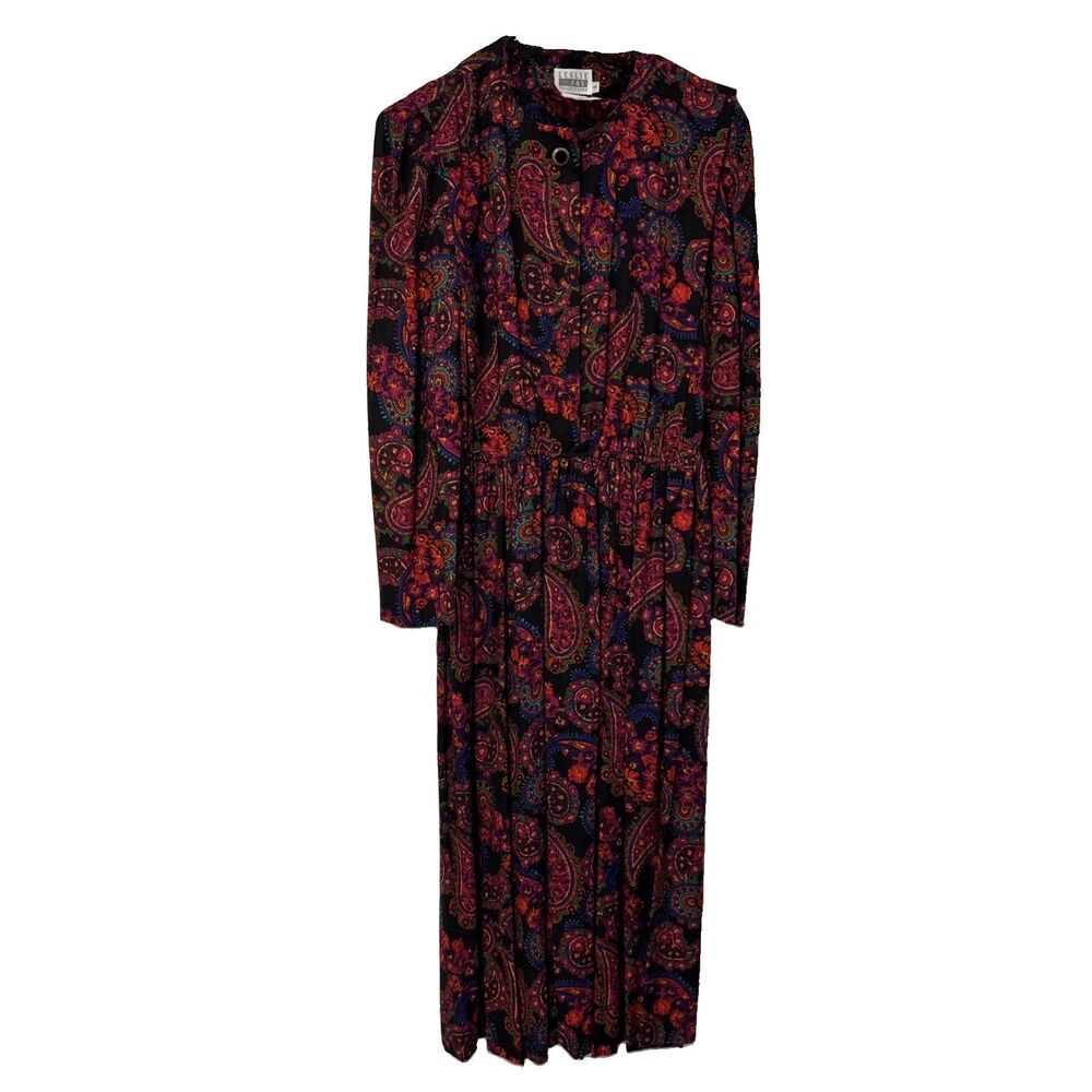 Leslie Fay Dress Long Black Floral Paisley Elastic Waist cottagecore 8 Vintage